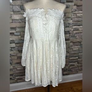 Double Crazy off-shoulder off-white lace midi dress